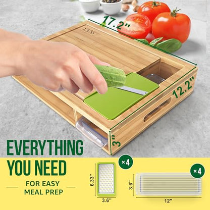 YANs Bamboo Cutting Board with Containers for Easy Meal Prep - Chopping Board Set -Extra Large Space Saving Cutting Board Set with Juice Groove to Keep Your Kitchen Tidy - WoodArtSupply