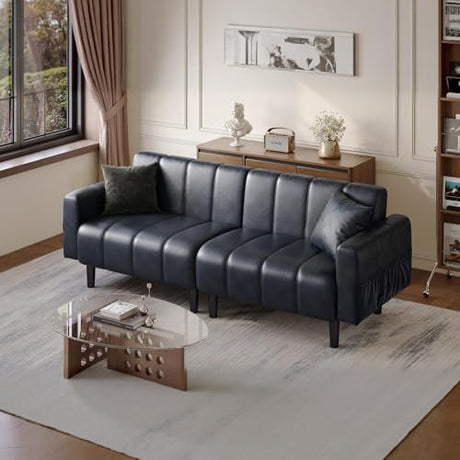 hausway 83”Faux Leather Futon Couch,Mid Century Modern Convertible Leather Sofa with Adjustable Backrest,Storage Pocket,Wooden&Steel Frame for Office,Living Room,Space-Saving,Black hausway