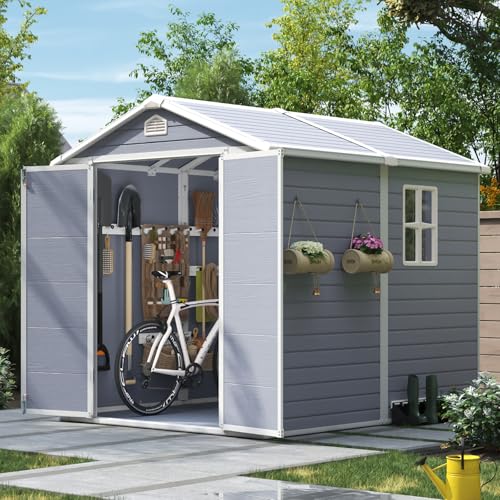 Aoxun 8x6FT Resin Outdoor Storage Shed with Floor, Plastic Garden Shed with Lockable Door and Window, Tools House to Store Patio Furniture, Bike Accessories, Garbage Can and Lawn Mower - Grey Aoxun