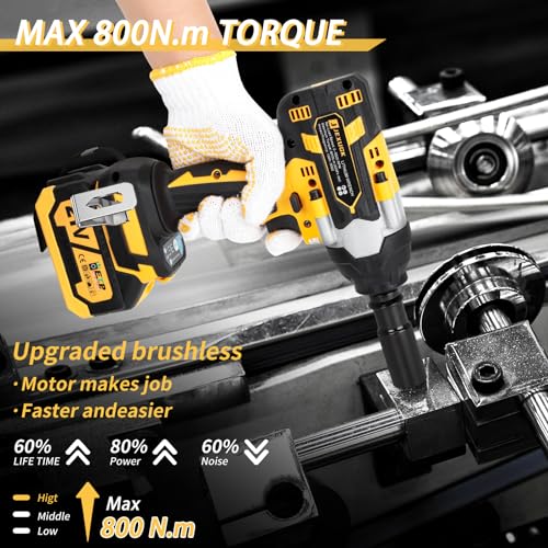 JEXUGK 800N.m Cordless Impact Wrench, 600Ft-lbs 1/2 inch Electric Impact Gun, High Torque Brushless Impact Wrench w/ 2x 4.0Ah Battery, Fast Charger & 5 Sockets for Car Lawn Mower - WoodArtSupply