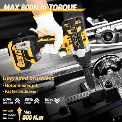 JEXUGK 800N.m Cordless Impact Wrench, 600Ft-lbs 1/2 inch Electric Impact Gun, High Torque Brushless Impact Wrench w/ 2x 4.0Ah Battery, Fast Charger & 5 Sockets for Car Lawn Mower - WoodArtSupply