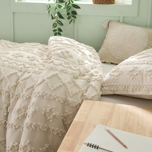 Bedsure Tufted Boho Comforter Set Twin Size - Beige Boho Bed Set, GentleSoft™ 2 Pieces Farmhouse Shabby Chic Embroidery Bedding, Gifts for Woman, Soft Jacquard Twin Comforter for All Seasons Bedsure