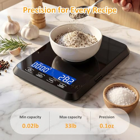 Letron Food Scale, 33 lb / 0.1 oz High Precision Kitchen Scale for Sourdough Bread, Built-in 7 Units, Timing & Tare Function, Rechargeable Digital Kitchen Scale for Food, Baking, Cooking Letron