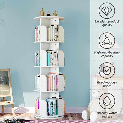 4-Tier Rotating Bookshelf Organizer by EasyCom - Space-Saving Floor Standing Bookcase in White - WoodArtSupply