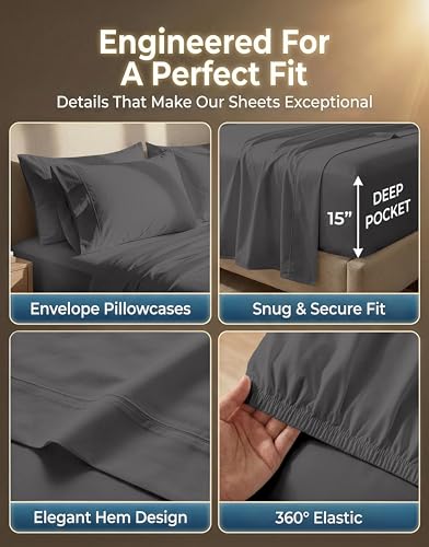 LANE LINEN 100% Cotton Sheets Full Size - Premium 600 Thread Count Sateen Weave for A Silky Feel - Extra Breathable & Cozy for Year Round Comfort - Fits Matresses Upto 15'' Deep - Charcoal LANE LINEN