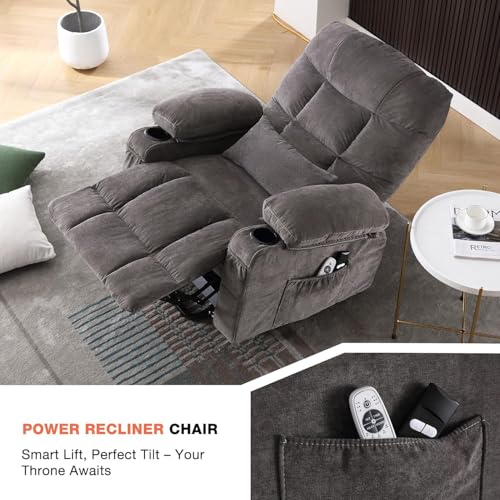 Ultra Wide Power Lift Recliner Chair for Elderly,Rotating Lounge Chair with Hot Massage Heating and Auxiliary Standing Function,Oversized Lazyboy Single Sofa with Cup Holder for Living Room (Grey) Anwick