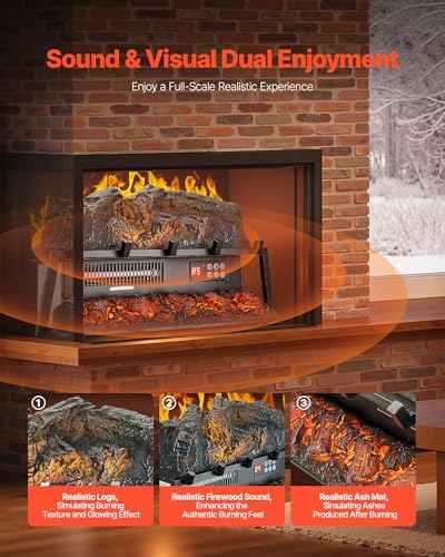 VEVOR 23 Inch Electric Fireplace Log Heater, Fireplace Insert with Crackling Sound, Remote Control, 5 Flame Brightness Levels, Thermostat, Timer, Overheat Protection, for Home Decor, Black VEVOR