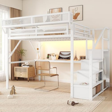 KEIKI Queen Size Metal Loft Bed Frame with Desk, Staircase, Built-in Storage Shelves and Wardrobe, Modern Loft Bed with Solid Slat, Guardrail, No Box Spring Required, Easy Assembly, for Bedroom, White KEIKI