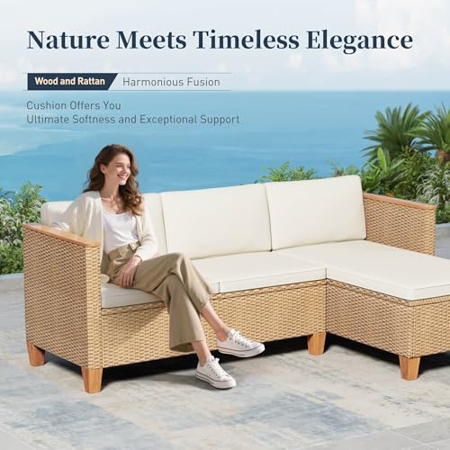 SUNSHINE VALLEY Small Patio Furniture Set, 3 Piece Wicker Outdoor Patio Conversation Set, Outside L-Shaped Sectional Sofa Couch with Chaise Lounge and Coffee Table for Porch Balcony Deck SUNSHINE VALLEY