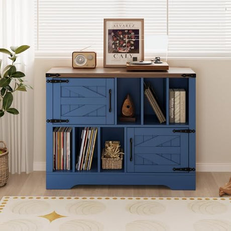 BouPower 39" Large Vinyl Record Player Stand with Vinyl Storage, Farmhouse Wood Turntable Record Player Stand with Storage Cabinet and 2 Barn Doors to 450 Albums for Living Room Bedroom, Navy Blue BouPower