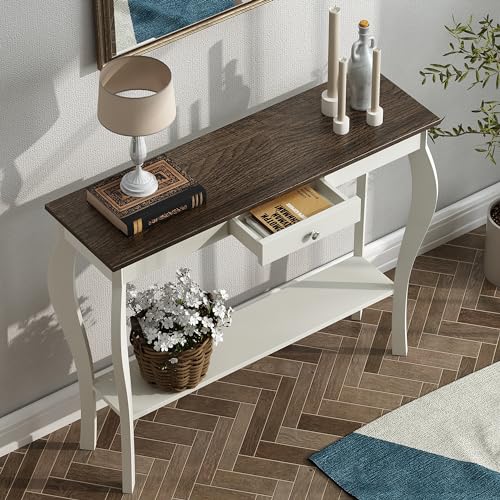 ChooChoo Narrow Farmhouse Console Table with Drawer, Chic Accent Sofa Entryway Table with Shelves for Entryway, Living Room, Hallway, Antique White &