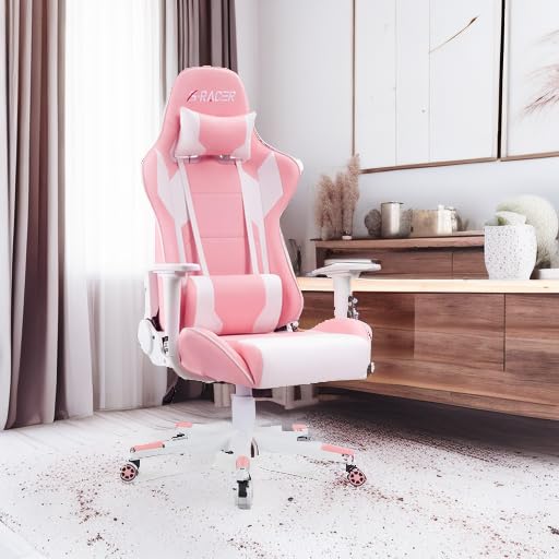 Homall Gaming Chair, Office Chair High Back Computer Chair Leather Desk Chair Racing Executive Ergonomic Adjustable Swivel Task Chair with Headrest and Lumbar Support (Pink) Homall