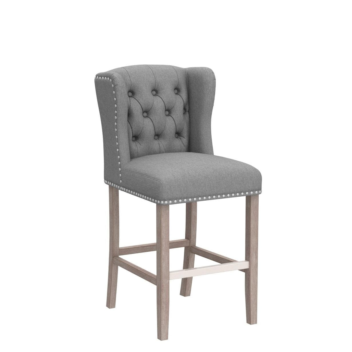 HOMCOM Counter Height Bar Stools Set of 2, 27" Seat Height Upholstered Barstools, Farmhouse Kitchen Island Stools with Nailhead-Trim, Tufted Back and Wooden Legs, Light Gray HOMCOM