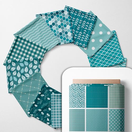 Cotton Satin Patchwork Fabric Panel – 35 Designs, 20×20 cm Squares, Single Piece 150×110 cm, Green Patchwork Quilt Fabric (Turquoise Waves Patchwork Set, 35pcs 8x8 inch) Fabricstown