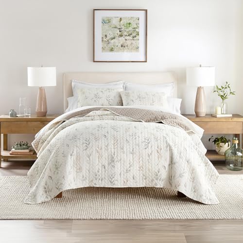 Linen Market Quilt Coverlet Set All Season Patterned Reversible Microfiber Ultra Soft Bedding in Watercolor Leaves - King/Cal-King Watercolor Leaves Latte Linen Market