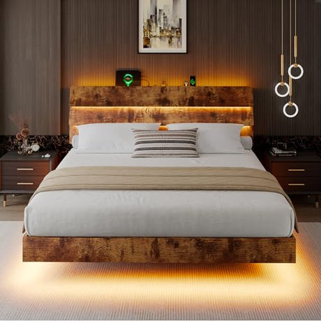 iPormis King Size Floating Bed Frame with LED Lights & Charging Station, Platform Bed with Wooden Storage Headboard, Steel Slats Support, No Box Spring Needed, Easy Assembly, Noise-Free, Vintage Brown iPormis