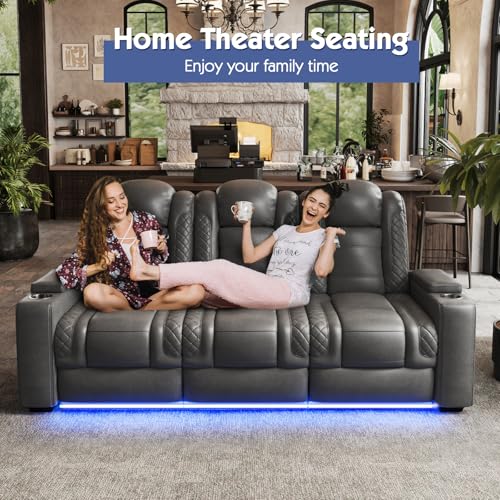 VanAcc Home Theater Seating, Power Movie Loveseat Recliner with USB & Wireless Charging, 3 Seats Leather Sofa Couch for Living Room Gaming, Electric Headrest, Tray Table, Ambient Lighting