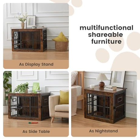 38 Inch Heavy Duty Dog Crate Furniture for Medium Dogs, Decorative Pet House End Table with 3 Doors & Adjustable Bowls, Wooden Cage Kennel Furniture Indoor, Rustic Grey Gardner Pet