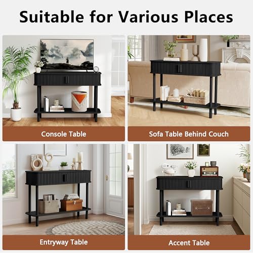 RARZOE Console Table with Storage, Fluted Entryway Table with Sliding Door&Open Shelf, Sofa Table Behind Couch, Mid-Century Modern Accent Table for Hallway, Entrance, Foyer, Fully Assembled(Black) RARZOE