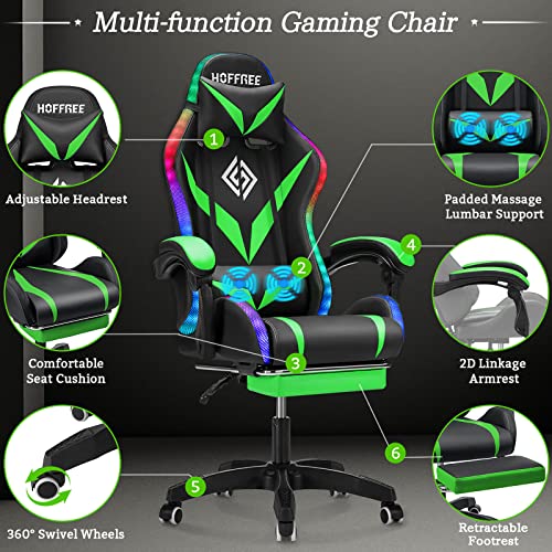 Gaming Chair with Bluetooth Speakers and RGB LED Lights Ergonomic Massage Computer Gaming Chair with Footrest Video Game Chair High Back with Lumbar Support Light Green and Black VANSPACE