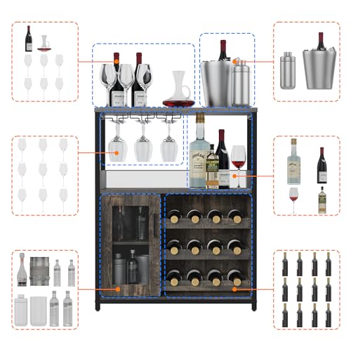 IDEALHOUSE 3-Tier Wine Bar Cabinet with Detachable Wine Rack and Storage Space, Buffet Cabinet with Glass Holder and Mesh Door, for Kitchen, Living Room and Bar (Dark Wood) IDEALHOUSE