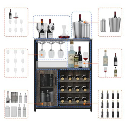 IDEALHOUSE 3-Tier Wine Bar Cabinet with Detachable Wine Rack and Storage Space, Buffet Cabinet with Glass Holder and Mesh Door, for Kitchen, Living Room and Bar (Dark Wood) - WoodArtSupply