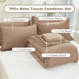 Andency Taupe Queen Size Comforter Set with Sheets - 7 Pieces Boho Tassel Bed in a Bag Soft Lightweight Bedding Sets, Taupe Fringe Bed Set with Comforter, Sheets, Pillowcases & Shams Andency
