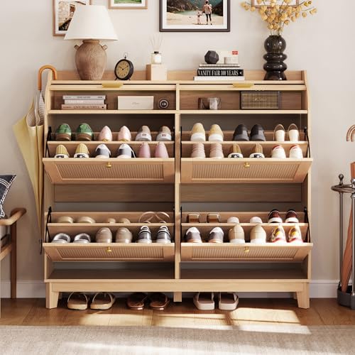LINSY Shoe Storage Cabinet, Rattan Shoe Cabinet Wood Shoes Rack Cabinets with Sliding Tambour Door, Large Flip Drawer Shoe Cabinet Boho Hidden Shoe Storage for Entryway, Front Door, Hallway, Oak LINSY