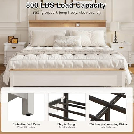 HoldoLife Bed Frame with Tall Headboard, King Size Platform Bed with Charging Station & LED Light, Modern Bedframe, Metal Support No Box Spring Needed, White Oak Finish HoldoLife