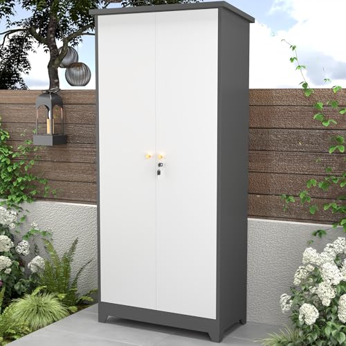 IRONFFICE Outdoor Storage Cabinet,Waterproof Outdoor Cabinet with Lockable Doors,Metal Garden Cabinet Storage Outdoor with with Sloping Roof for Garden,Patio,Lawn,Gray-Black IRONFFICE