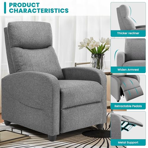 Sweetcrispy Recliner Chair Fabric Recliner Sofa No Massage, Home Theater Seating with Lumbar Support, Adjustable Push Back Overstuffed High-Density Sponge Reclining for Living Room, Grey