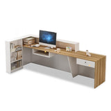 LITFAD Rectangle Reception Desk with Drawer, Cable Management, and Keyboard Tray Manufactured Wood Checkout Counter Modern Counter, Beige/White, Left Hand Return, 94.5" L x 23.5" W x 39.5" H LITFAD