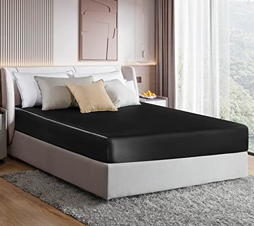 MILVOWOC Satin Fitted Sheet Twin XL, Black Single, Luxury Deep Pocket Bottom Bed Sheet, Soft Silky Bedding MILVOWOC