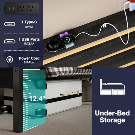 J.Fkne Twin Bed Frame with Headboard, Platform Bed with LED & Charging Station, Heavy Duty Metal Slats, No Box Spring Needed, Noise Free, Easy Assembly, Black J.Fkne