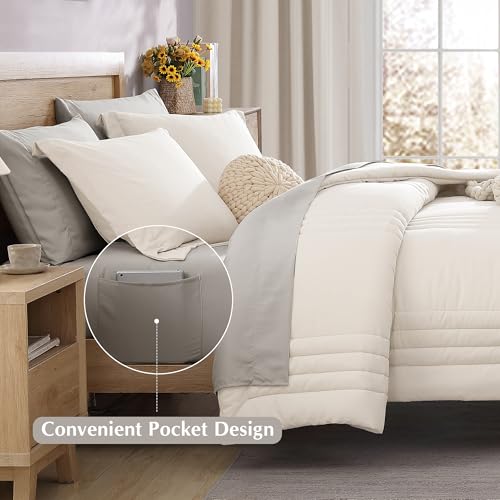 Monbix Queen Comforter Set - 7 Pieces Snow White Bed in a Bag Queen Bedding Sets with Comforters, All Seasons Comforter Bed Set with Sheets, Pillowcases & Shams Monbix