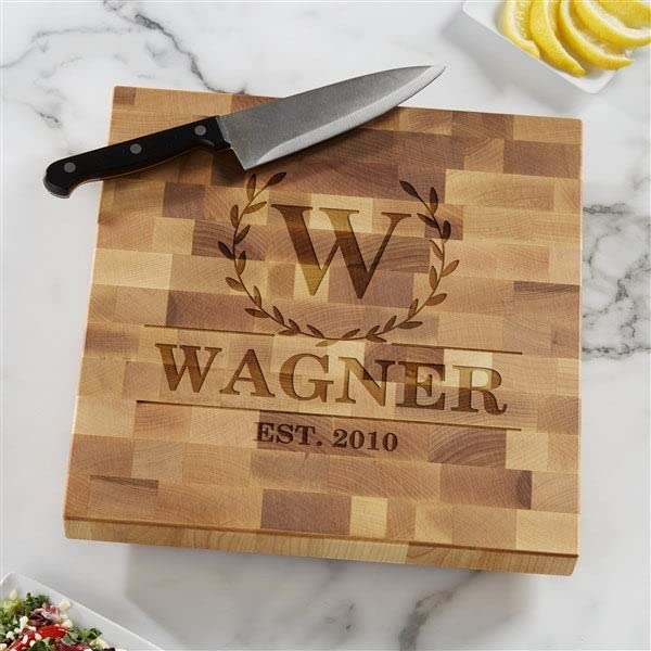 Personalization Universe Laurel Wreath Personalized Butcher Block Cutting Board, Custom Engraved Wood Cutting Board for Kitchen, Wedding Gift, Housewarming 12x12x1.25" - Made in USA - WoodArtSupply