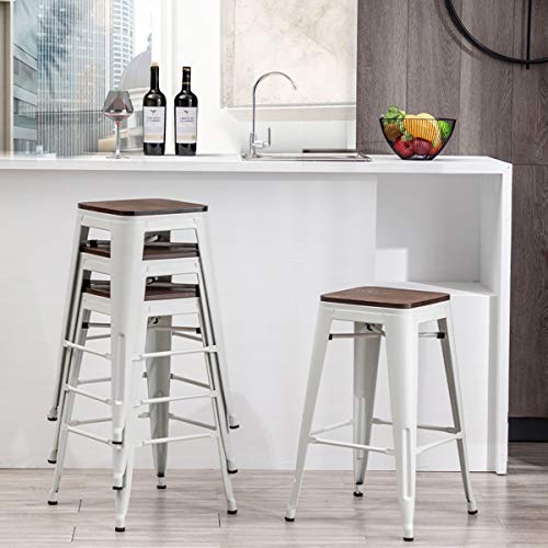 Alunaune 24" Metal Bar Stools Set of 4 Industrial Backless Counter Height Barstools Kitchen Patio Stool Stackable with Wooden Seat- White Alunaune