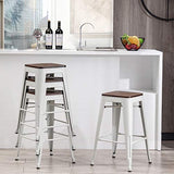 Alunaune 24" Metal Bar Stools Set of 4 Industrial Backless Counter Height Barstools Kitchen Patio Stool Stackable with Wooden Seat- White Alunaune