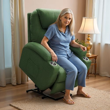 Flamaker Power Lift Recliner Chair Electric Lift Recliner for Elderly Power Lift Recliner Chair with Cup Holders Side Pockets for Living Room (Corduroy, Green) Flamaker