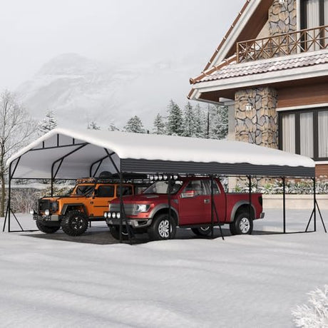 GarveeLife 20x25 FT Metal Carport, Outdoor Car Port Canopy with Reinforced Base and Galvanized Steel Roof, Heavy Duty Garage Car Shelter Shade for SUV, Truck, Boats GarveeLife