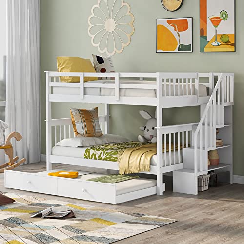 MERITLINE Wooden Bunk Bed Frame, Full Over Full Bunk Bed with Trundle, Bunk Beds with Stairs Full Size, Trundle Bunk Beds, Convertible Bunk Bed for Kids(White)