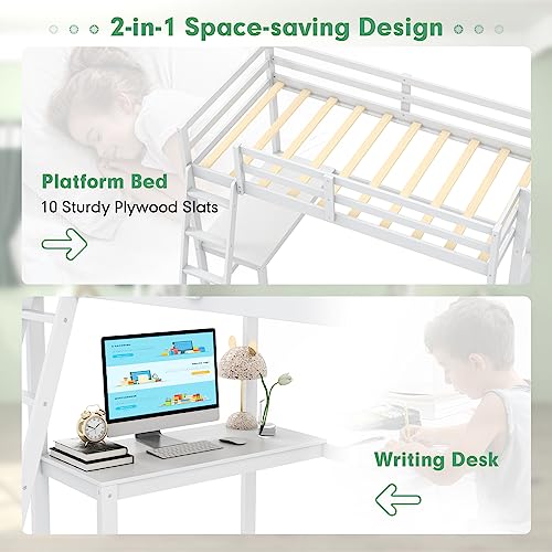 Giantex Twin Size Loft Bed with Desk, Solid Wood Loft Bed with 2 Ladders & Full Length Guardrail, Modern Space-saving Twin Bed Frame for Kids Teens Adults, No Box Spring Needed (White) Giantex