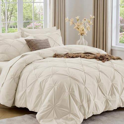 Sasttie Full Size Comforter Set, 7-Piece Bed in a Bag Double, Pintuck Bedding Set for All Season, Includes Comforter, Flat Sheet, Fitted Sheet, Pillowcases and Pillowshams, Beige Sasttie