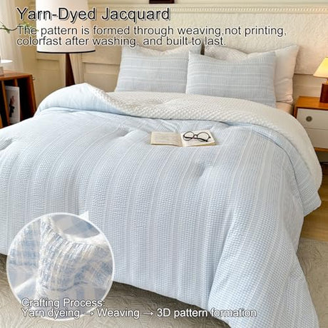tohrisa Boho Comforter Set King Size - 3 Pieces Lightweight Jacquard Seersucker Bedding Sets (1 Soft Fluffy Grid Comforter & 2 Pillowcases) - All Seasons Cozy Modern Bed Set(104"x90" Sky Blue) tohrisa