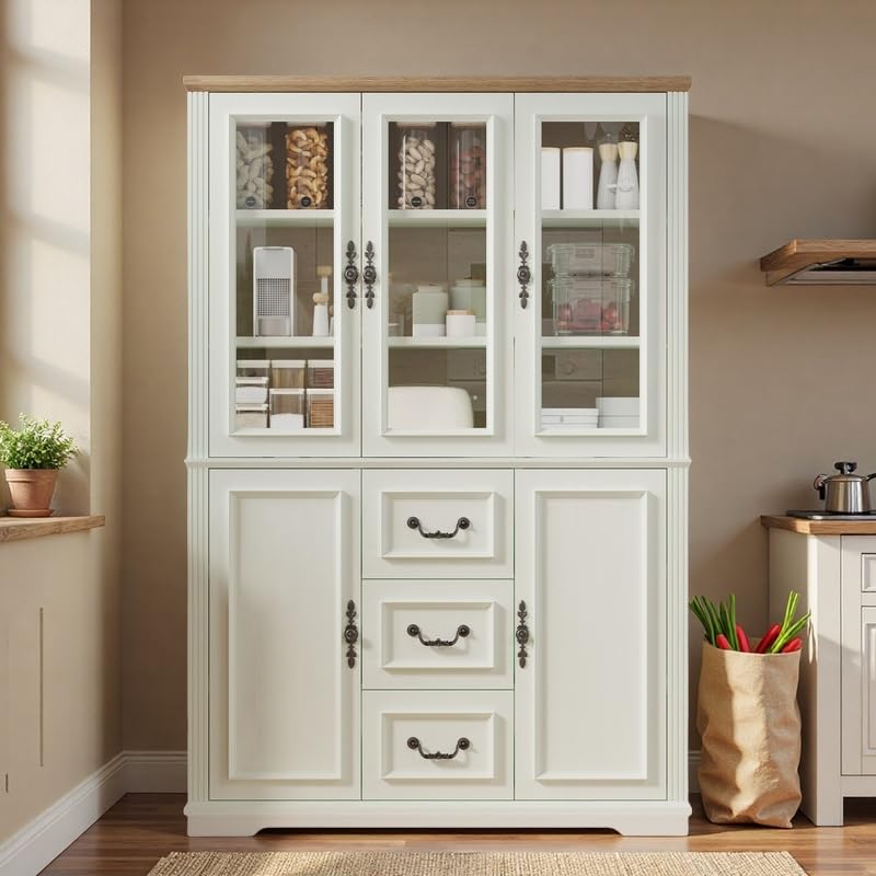 YITAHOME 71" H x 47" W Kitchen Pantry with 3 Drawers, Large Storage Cabinet with 3 Glass Doors & Adjustable Shelves, Freestanding Tall Display China Cabinet for Living & Dining Room, White YITAHOME