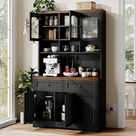 GarveeHome Pantry Cabinet with Charging Station, Tall Kitchen Pantry Storage Cabinet with Hutch,70.8 Inch Kitchen Cabinet with 30mm Thickened Countertop, Fluted Glass Doors, for Dining Room, Balck GarveeHome