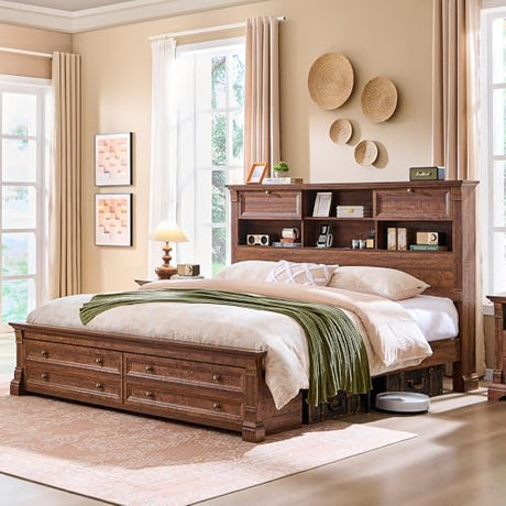 Farmhouse King Size Bed Frame with 54" Tall Headboard, Headboard with 4 Storage Rack, 2 Drawers, Wood Platform Bed Frame,18" Roman Column Decoration Footboard, No Box Spring Needed(Reclaimed Barnwood) T4TREAM