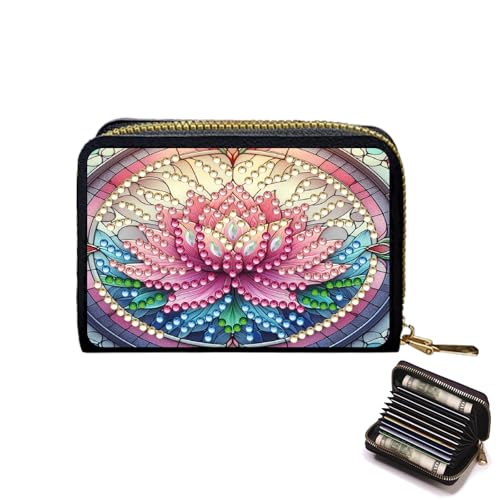 Credit Card Holder, DIY Diamond Art Painting Zipper Credit Cards Wallet for Women Accordion Card Cases Holder KeyChain Wallet-Pink Flower WoodArtSupply
