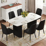 Ebullient White Marble Dining Table Set for 6, 67'' Modern Oval Dining Table and Chairs Set, 7 Piece Kitchen Table Set with 3.5'' Thick Marble-Patterned Top and Matte Black Column Legs Ebullient