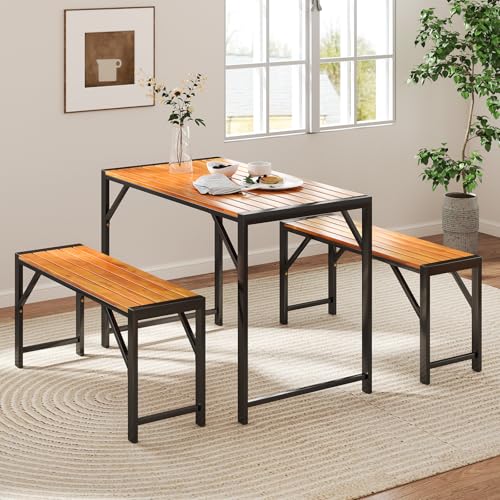 Tangkula 3-Pieces Patio Dining Set for 4 People, Outdoor Picnic Table & 2 Benches, 44" Acacia Wood Dining Table w/Metal Frame, Space-Saving Dinette Set for Garden Porch Poolside Yard Balcony Tangkula